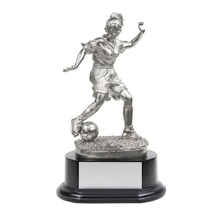 11 Inch Electroplated Bright Silver Soccer Female Figure Trophy