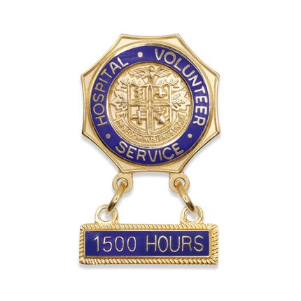 7/8 Inch Enameled Brass Hospital Volunteer Service "1500 Hours" Lapel Pin