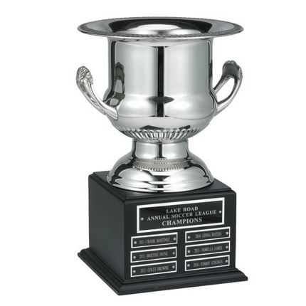 14 Inch Silver Wine Cooler Trophy Cup on Black Perpetual Base-30 Small Name Plates